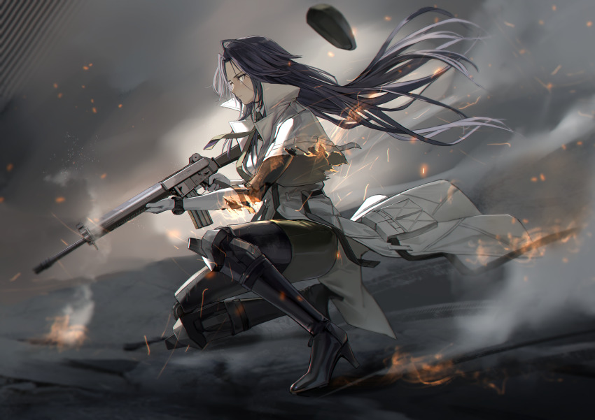 1girl absurdres ar-18 ar-18_(girls&#039;_frontline) assault_rifle black_boots black_hair boots burning_clothes chinese_commentary closed_mouth coat commentary commentary_request commission embers english_commentary expressionless floating floating_hair from_side full_body girls&#039;_frontline green_skirt gun high_heel_boots high_heels highres holding holding_gun holding_weapon kisetsu long_hair mechanical_arms mechanical_legs mixed-language_commentary partial_commentary rifle second-party_source single_mechanical_arm skirt smoke solo weapon white_coat yellow_eyes