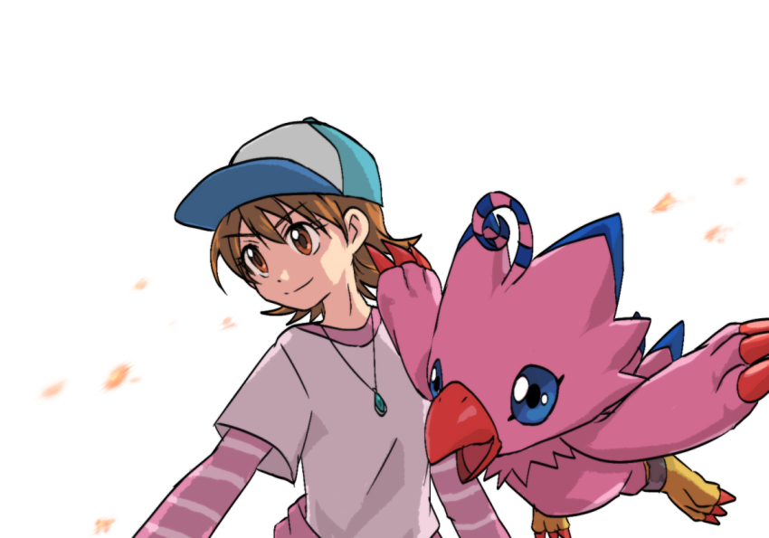 1girl baseball_cap beak bird brown_eyes brown_hair digimon digimon_(creature) digimon_adventure_-beyond- feathers fire hamu_ym hat jewelry medium_hair pendant pink_feathers pink_shirt piyomon shirt simple_background takenouchi_sora talons upper_body white_background white_hat