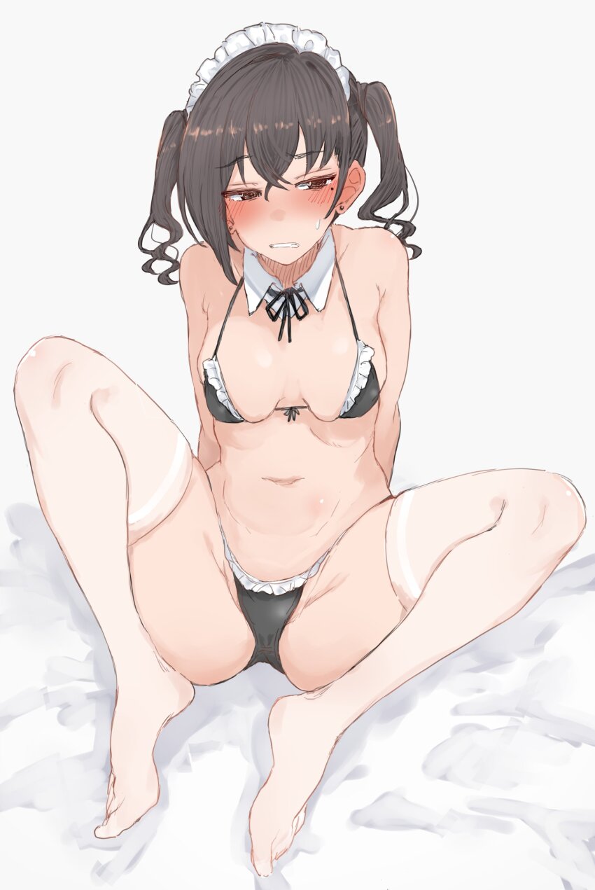 1girl absurdres bikini black_bikini black_hair black_ribbon blush breasts breasts_apart detached_collar earrings frilled_bikini frills highres idolmaster idolmaster_cinderella_girls jewelry looking_at_viewer m_legs maid maid_bikini maid_headdress medium_breasts mole mole_under_eye navel neck_ribbon nose_blush ribbon sitting skindentation solo stomach stud_earrings sunazuka_akira swimsuit thighhighs twintails unconventional_maid wasabijoyu76 white_thighhighs