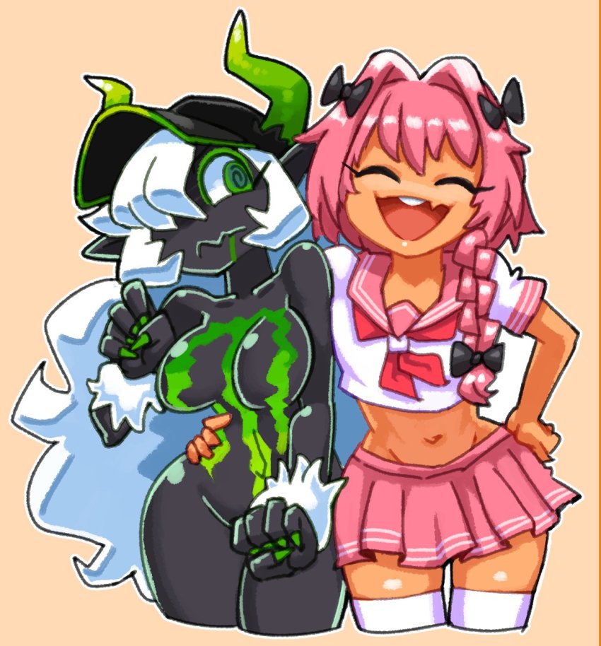 1boy 1girl @_@ arm_around_waist astolfo_(fate) astolfo_(sailor_paladin)_(fate) black_bow blouse bow braid breasts closed_mouth cropped_legs fate/apocrypha fate/grand_order fate_(series) fingernails green_eyes green_horns green_nails hair_bow hair_over_one_eye highres horns long_hair medium_breasts meme midriff minuspal monster_energy-chan nail_polish navel neckerchief no_nose official_alternate_costume open_mouth orange_background original pink_hair pink_sailor_collar pink_skirt pleated_skirt product_girl red_neckerchief sailor_collar school_uniform serafuku sharp_fingernails shirt short_sleeves simple_background skirt smile thighhighs trait_connection trap very_long_hair white_hair white_shirt white_thighhighs