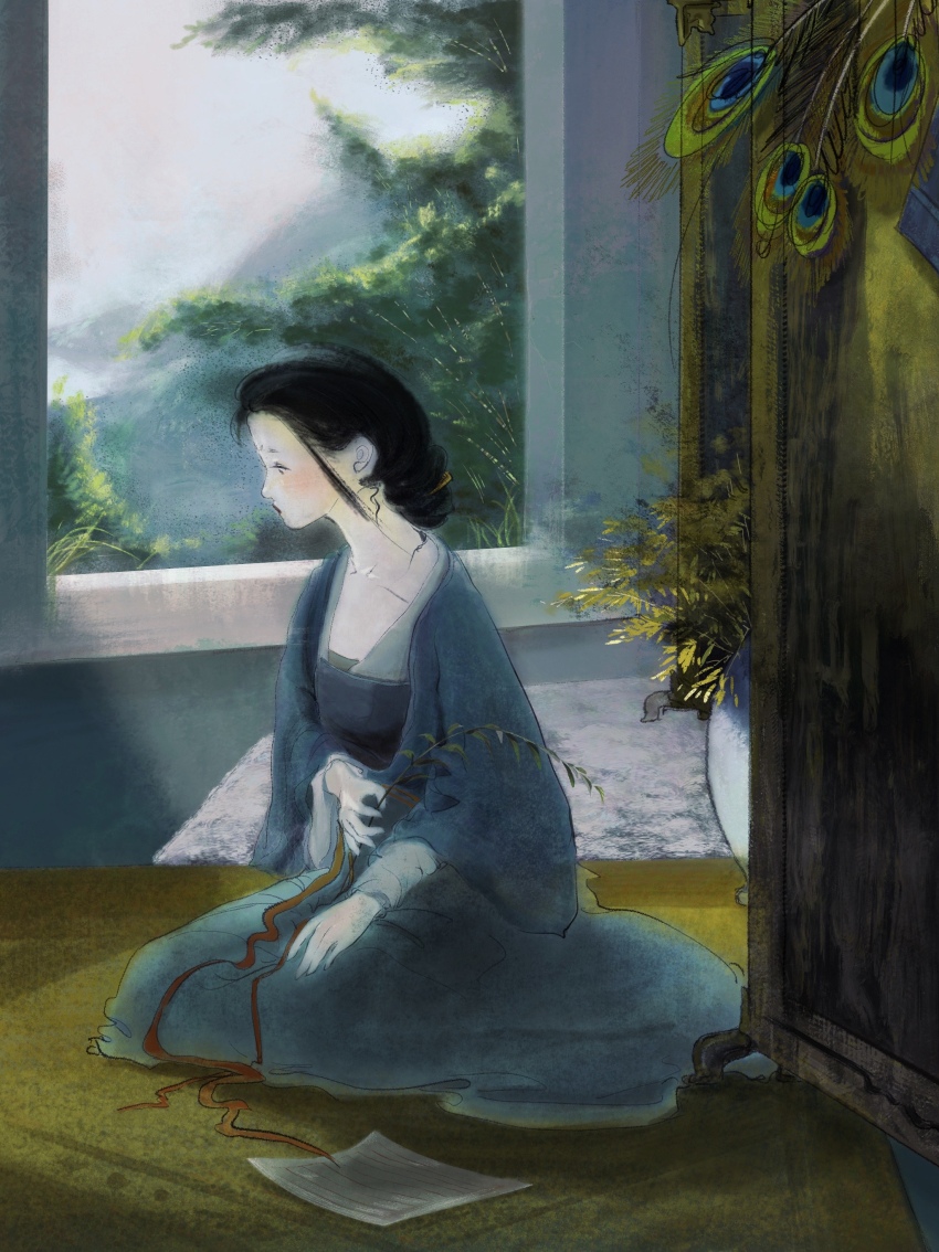 1girl absurdres black_hair blue_hanfu blue_shirt blue_skirt carpet chinese_clothes colored_skin folding_screen hair_bun hanfu hezi highres lushan0603 mountain original peacock_feathers procreate_(medium) red_sash sash shirt sitting skirt solo sunlight tree vase white_skin window