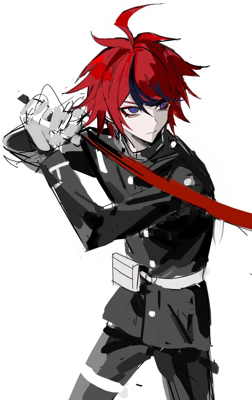 1boy ahoge belt binxngchng1 black_hair black_pants black_shirt blue_eyes closed_mouth gloves hair_between_eyes highres holding holding_sword holding_weapon last_defense_academy_school_uniform male_focus messy_hair multicolored_eyes multicolored_hair pants red_eyes red_hair shirt simple_background solo solo_focus standing streaked_hair sumino_takumi sword the_hundred_line_-last_defense_academy- weapon white_background white_gloves