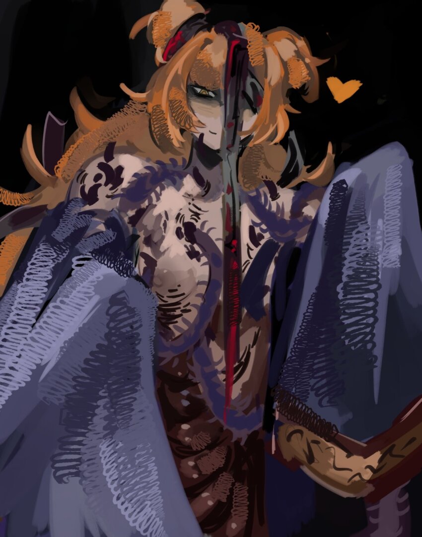 1girl black_background breasts bug centipede commentary dearpupa double_bun english_commentary hair_bun heart highres hundred-footed_death_maggot_(e.g.o) ishmael_(project_moon) limbus_company long_hair looking_at_viewer nipples one_eye_covered orange_hair project_moon simple_background sleeves_past_fingers sleeves_past_wrists smile solo standing talisman topless_female upper_body yellow_eyes