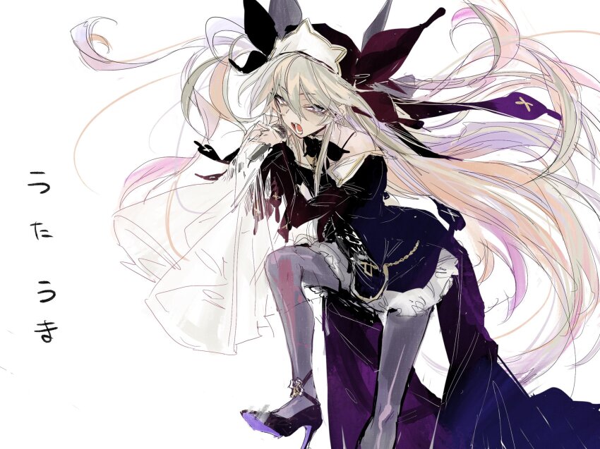 1girl black_coat black_footwear black_skirt black_veil bra_strap butterfly_brooch coat coattails floating_hair hair_between_eyes high_heels highres hijirime_laeria holding holding_microphone ikuhana_niiro indie_virtual_youtuber juliet_sleeves long_hair long_sleeves looking_at_viewer microphone miniskirt music off-shoulder_coat off_shoulder open_mouth pantyhose puffy_sleeves purple_eyes purple_pantyhose simple_background singing skirt solo standing standing_on_one_leg two-handed two_side_up veil very_long_hair virtual_youtuber white_background