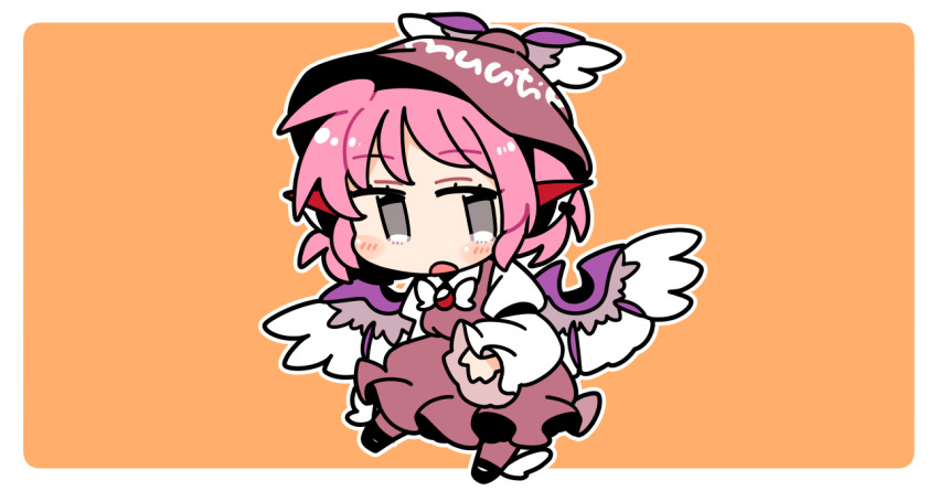 1girl animal_ears bird_ears bird_girl bird_wings black_shoes blush border bow bowtie brown_dress brown_hat brown_socks chibi chibi_only collared_shirt commentary dress earrings full_body grey_eyes hat ini_(inunabe00) jewelry long_sleeves looking_at_viewer mystia_lorelei open_mouth orange_background outline outside_border pink_hair shirt shoes short_hair simple_background single_earring sleeve_garter socks solo touhou white_border white_bow white_bowtie white_outline white_shirt winged_hat winged_shoes wings