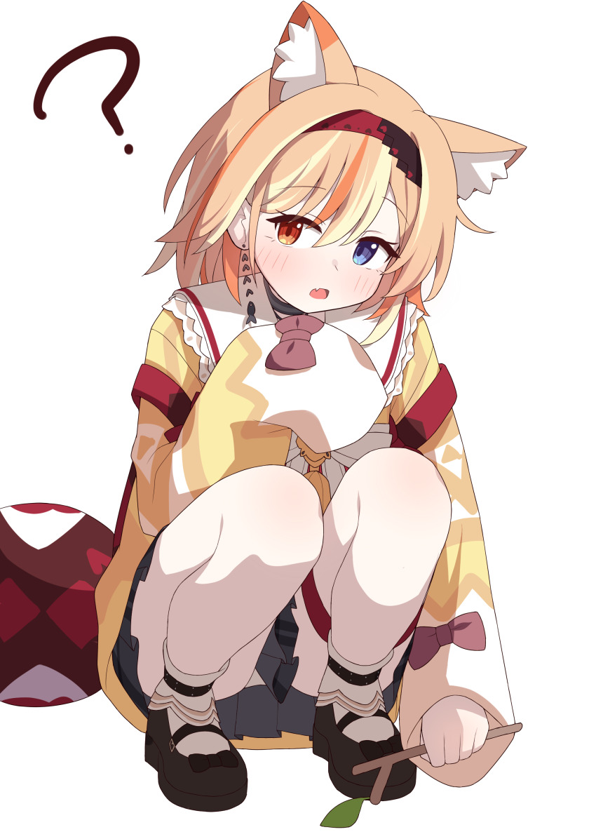 1girl ? absurdres animal_ears black_shoes black_survival blue_eyes cat_ears grey_skirt hagoonha hairband heterochromia highres holding holding_stick irem_(black_survival) korean_commentary orange_hair panties pantyshot ribbon shoes simple_background skirt solo squatting stick sweater underwear white_background yellow_eyes yellow_sweater