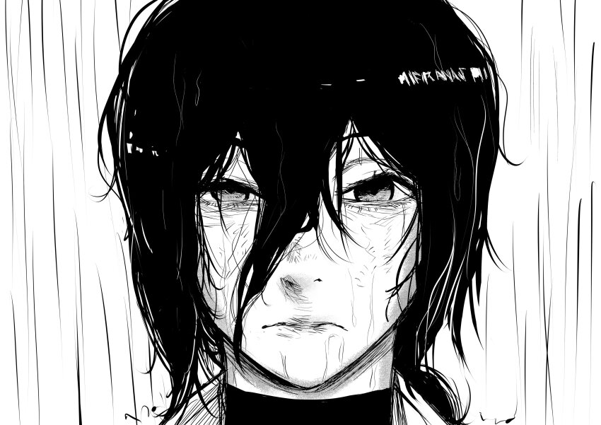 1girl absurdres chainsaw_man choker close-up closed_mouth franas frown greyscale hair_between_eyes highres looking_at_viewer monochrome rain reze_(chainsaw_man) solo wet wet_hair