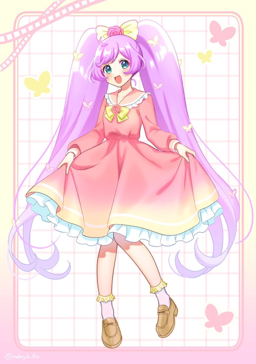 1girl :d ahoge border bow brown_shoes butterfly_hair_ornament collared_dress commentary_request dress film_reel flower frilled_dress frills full_body green_eyes hair_bow hair_ornament highres long_hair long_sleeves looking_at_viewer manaka_laala mendamen open_mouth pink_border pink_dress pink_flower pink_rose pretty_series pripara purple_hair rose shoes skirt_hold smile solo standing twintails very_long_hair yellow_bow