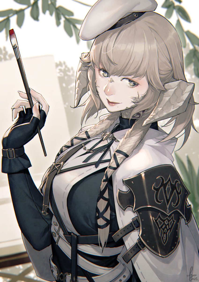1girl absurdres beret black_gloves blurry blurry_background character_request closed_mouth commentary_request final_fantasy final_fantasy_xiv fingerless_gloves gloves grey_eyes grey_hair hair_ornament hat highres holding holding_paintbrush horns kyo_(kuroichigo) long_hair paintbrush red_lips smile solo upper_body white_hat x_hair_ornament