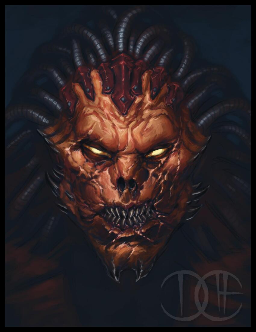 angron black_border border butchers_nails_(warhammer_40k) cable chaos_(warhammer) colored_skin david_haire demon demon_horns demon_primarch facial_scar glowing glowing_eyes gorefather hair_tubes highres horns open_mouth primarch red_skin scar scar_across_eye scar_on_cheek scar_on_face sharp_teeth signature teeth tube warhammer_40k yellow_eyes