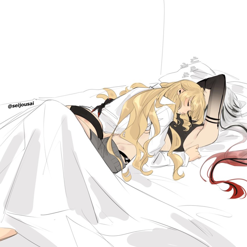 2girls arlecchino_(genshin_impact) armpits black_hands black_panties black_shirt black_streaks blonde_hair closed_eyes colored_extremities commentary cuddling english_commentary genshin_impact hickey highres long_hair multiple_girls navia_(genshin_impact) panties parted_lips pillow seijousai shirt sleeping sleeping_on_person twitter_username under_covers underwear white_hair white_shirt yuri zzz