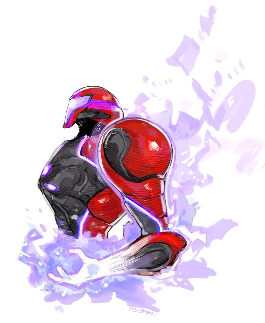 1girl armor assault_visor commentary english_commentary full_armor highres metroid metroid_prime_4:_beyond nintendo pink_visor power_armor power_suit_(metroid) purple_aura samus_aran science_fiction solo standing yourfreakyneighbourh