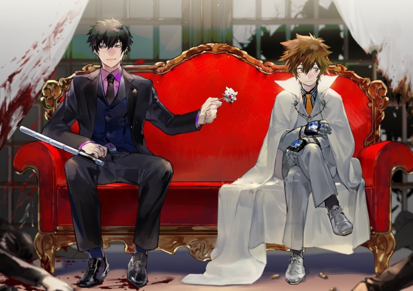 2boys black_gloves black_hair black_jacket black_pants blood blood_on_clothes blood_on_face bokyo brown_eyes brown_hair bullet cape chair closed_mouth collared_shirt couch crossed_legs curtains flower formal_clothes gloves grey_pants grey_vest hair_between_eyes hibari_kyouya highres holding holding_flower holding_weapon indoors jacket katekyo_hitman_reborn! long_sleeves looking_at_viewer male_focus multiple_boys necktie pants purple_necktie rose sawada_tsunayoshi shell_casing shirt shoes short_hair sitting smile suit vest weapon white_flower white_suit window yaoi