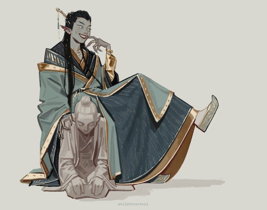1boy artist_name beads black_hair bracelet chinese_clothes chinese_hairpin colored_skin enilehtnorevol fingernails foot_up gold_bracelet gold_ring gold_trim green_hanfu green_shoes grey_background grey_eyes grey_skin hair_beads hair_ornament hanfu jewelry kneeling layered_clothes long_hair long_sleeves male_focus multiple_rings open_mouth pointy_ears qi_rong red_lips ring russian_commentary seat_on_statue sharp_fingernails sharp_teeth shoes simple_background sitting smile solo statue tassel teeth tianguan_cifu wide_sleeves xie_lian