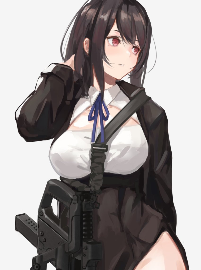 1girl arm_behind_back black_jacket breasts cleavage cleavage_cutout clothing_cutout commentary_request eyebrows female_focus gun gun_sling hair_between_eyes hand_in_own_hair head_tilt highres jacket kriss_vector large_breasts long_sleeves looking_to_the_side magazine_(weapon) neck original pelvic_curtain purple_hair red_eyes sidelocks sight simple_background sling_(weapon) solo standing string_tie submachine_gun takagaki_eru thighs underbust weapon white_background