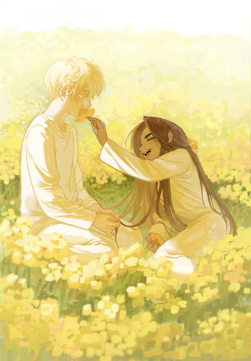 1boy 1girl alien_stage blonde_hair bolihuagang brown_hair closed_eyes colored_eyelashes covering_another&#039;s_mouth dark-skinned_female dark_skin flower flower_over_mouth grass hair_flower hair_ornament happy highres holding holding_another&#039;s_hair holding_flower hyuna_(alien_stage) long_hair long_sleeves looking_at_another luka_(alien_stage) on_grass open_mouth outdoors pale_skin pants shirt short_hair sitting smile thick_eyebrows white_pants white_shirt yellow_eyes yellow_flower