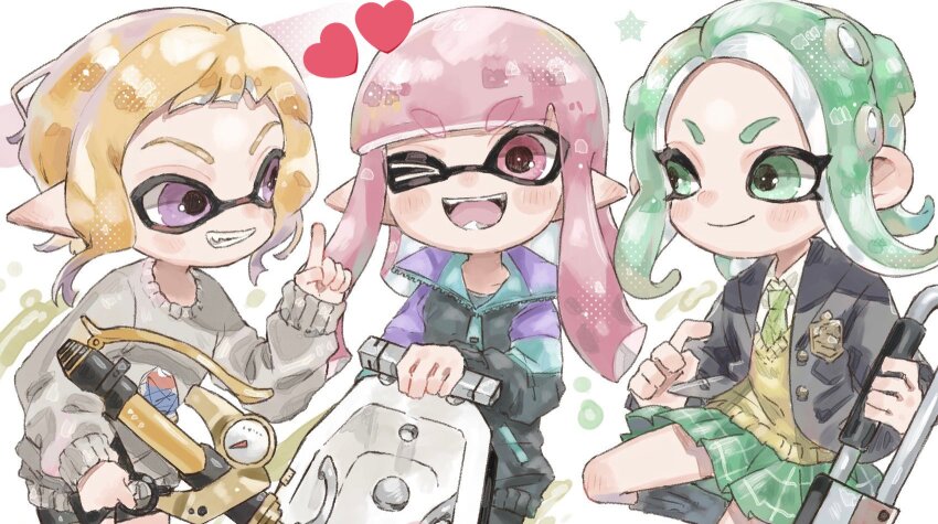 &gt;_o 3girls ;d aqua_eyes aqua_hair aqua_skirt black_jacket bloblobber_(splatoon) blonde_hair blush closed_mouth collared_shirt commentary ear_blush flingza_roller_(splatoon) green_necktie grey_sweater grin hand_up heart highres index_finger_raised inkling inkling_girl inkling_player_character jacket long_hair long_sleeves miniskirt multiple_girls necktie nintendo octoling octoling_girl octoling_player_character one_eye_closed open_clothes open_jacket open_mouth pink_eyes pink_hair plaid_clothes plaid_skirt pleated_skirt plum0o0 pointy_ears purple_eyes shirt short_hair skirt sleeves_past_wrists smile splash-o-matic_(splatoon) splatoon_(series) star_(symbol) sweater sweater_vest symbol-only_commentary teeth tentacle_hair white_shirt yellow_sweater_vest zipper zipper_pull_tab