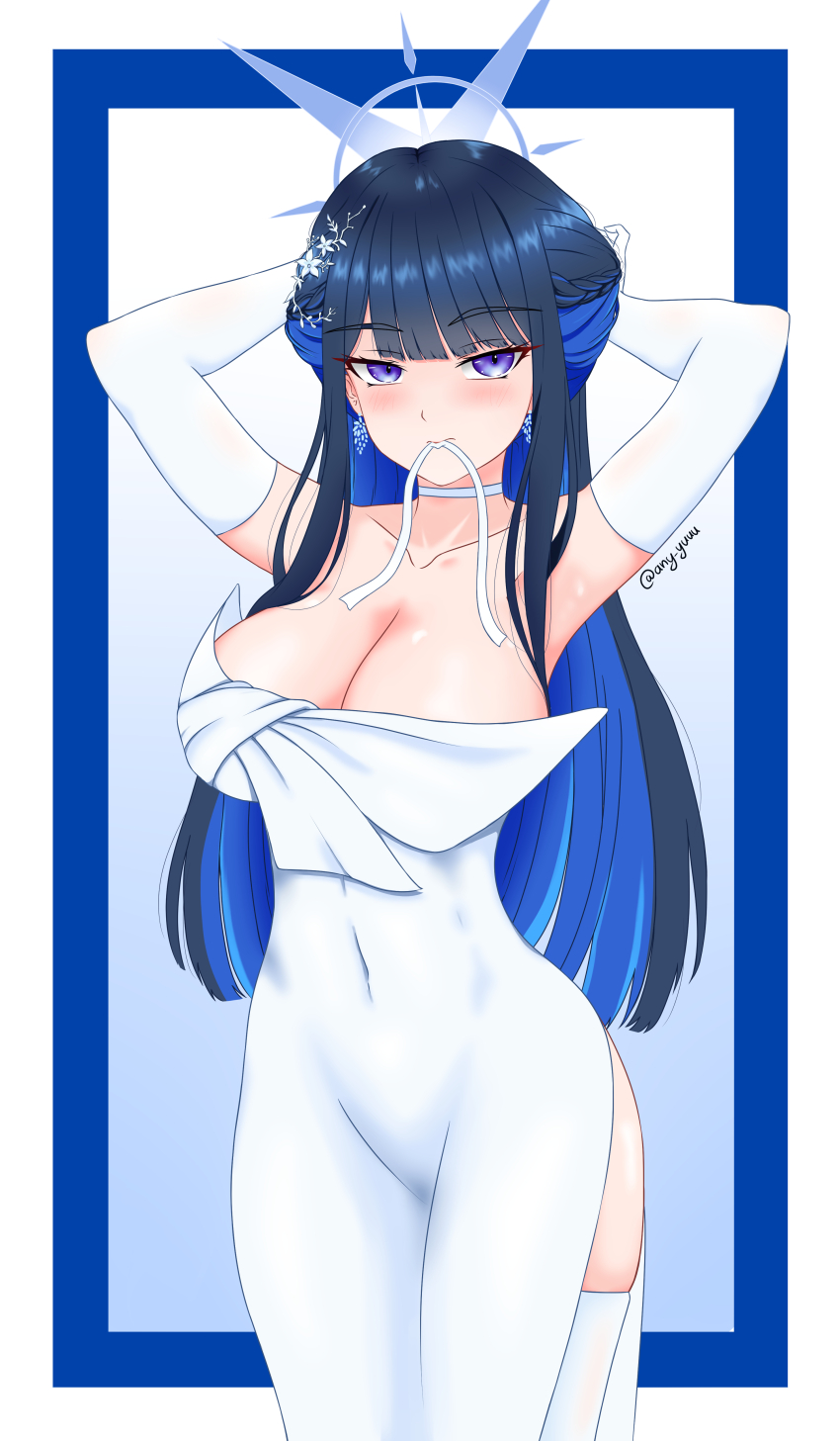 1girl absurdres alternate_costume alternate_hairstyle armpits arms_behind_head artist_name blue_archive blue_eyes blue_hair breasts cleavage covered_navel dress gloves half-closed_eyes highres large_breasts legs long_hair looking_at_viewer saori_(blue_archive) saori_(dress)_(blue_archive) seductive_gaze sleeveless sleeveless_dress solo thighs very_long_hair wedding_dress