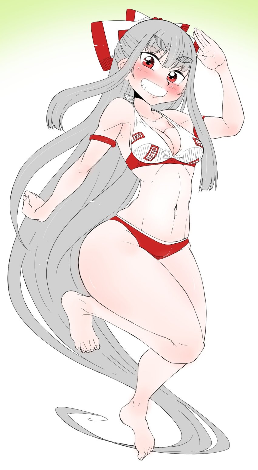 1girl absurdly_long_hair barefoot bikini blush breasts cleavage eyebrows female_focus fujiwara_no_mokou full_body gradient_background grey_hair grin highleg highres hikimayu long_hair navel red_eyes smile solo swimsuit takeu thick_eyebrows touhou very_long_hair white_background