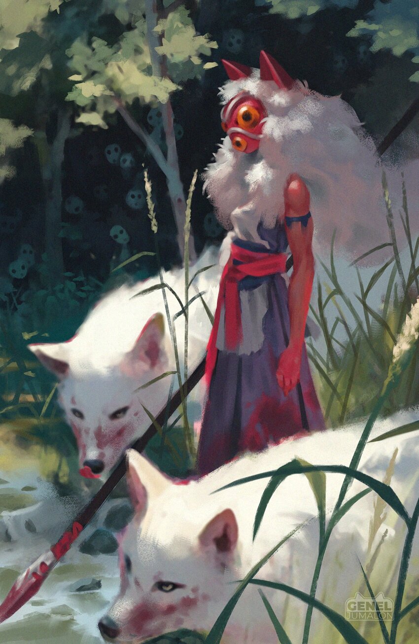 1girl animal bare_arms blood blood_on_clothes cape fur_cape genel_jumalon highres lance mask mononoke_hime moro_(mononoke_hime) outdoors pelt polearm san_(mononoke_hime) weapon white_wolf wolf