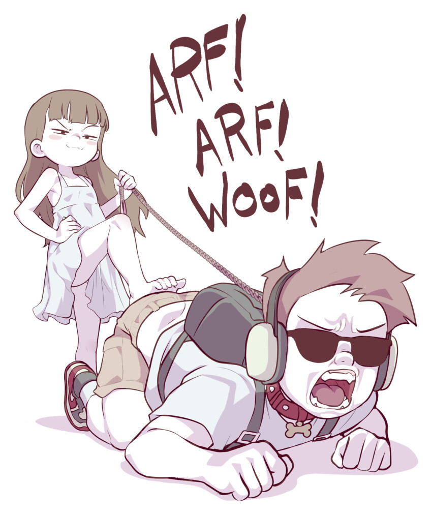 1boy 1girl :3 backpack bag barefoot barking blue_dress blue_shirt brown_hair child_gf_(orenji) collar dress femdom highres holding holding_leash jcm2 leash lolidom long_hair original pet_play shirt shorts smug stepped_on sunglasses toes