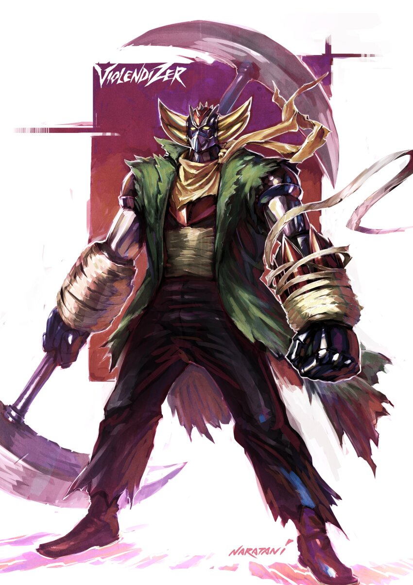 absurdres bandaged_arm bandages clenched_hands grendizer highres holding holding_weapon horns mazinger_(series) mecha mecha_focus naratani no_humans redesign retro_artstyle robot scarf science_fiction super_robot ufo_robo_grendizer violence_jack violence_jack(character) weapon yellow_eyes yellow_scarf