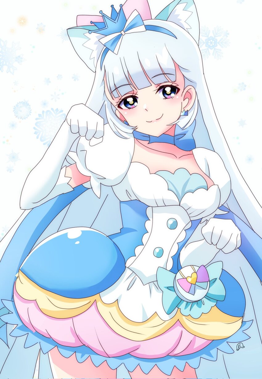 animal_ears aqua_hairband blue_crown bow breasts cat_ears choker cleavage cosplay cowboy_shot crown crown_earrings cure_macaron cure_macaron_(cosplay) cure_nyammy dress dress_bow earrings elbow_gloves extra_ears gloves hair_ornament hairband highres jewelry kirakira_precure_a_la_mode long_hair looking_at_viewer magical_girl medium_breasts momotarouooi multicolored_bow nekoyashiki_yuki pointed_crown pom_pom_(clothes) pom_pom_earrings precure smile white_dress white_gloves wonderful_precure!