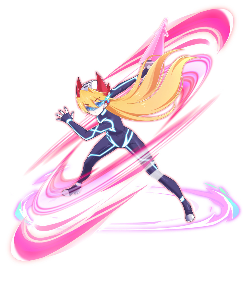1girl absurdres aizeis alternate_costume alternate_hairstyle attack_trail belt blonde_hair blue_eyes bodystocking boots breasts chest_jewel ciel_(mega_man) closed_mouth commission commissioner_upload energy_sword eyelashes fake_horns forehead_jewel full_body gauntlets gloves helmet highres holding holding_weapon horned_helmet horns knee_boots knee_pads long_hair looking_at_viewer mechanical_ears mega_man_(series) mega_man_zero_(series) mega_man_zx model_o_(mega_man) no_armor non-web_source petite shorts small_breasts solo standing sword transparent_background weapon
