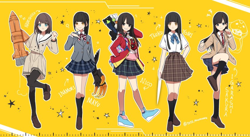 1010_mumumu 5girls :d black_eyes black_hair blazer blue_eyes brown_hair cardigan claw_(weapon) gun highres holding holding_gun holding_weapon igarashi_sakura inamori_mayu jacket kamen_rider kamen_rider_ex-aid_(series) kamen_rider_fourze_(series) kamen_rider_revice kamen_rider_wizard_(series) kamen_rider_zi-o_(series) kneehighs long_hair looking_at_viewer misaki_nadeshiko multiple_girls open_mouth rocket saiba_niko school_uniform serafuku short_hair skirt smile socks sweater sweater_vest thighhighs tsukuyomi_(zi-o) twitter_username weapon yellow_eyes