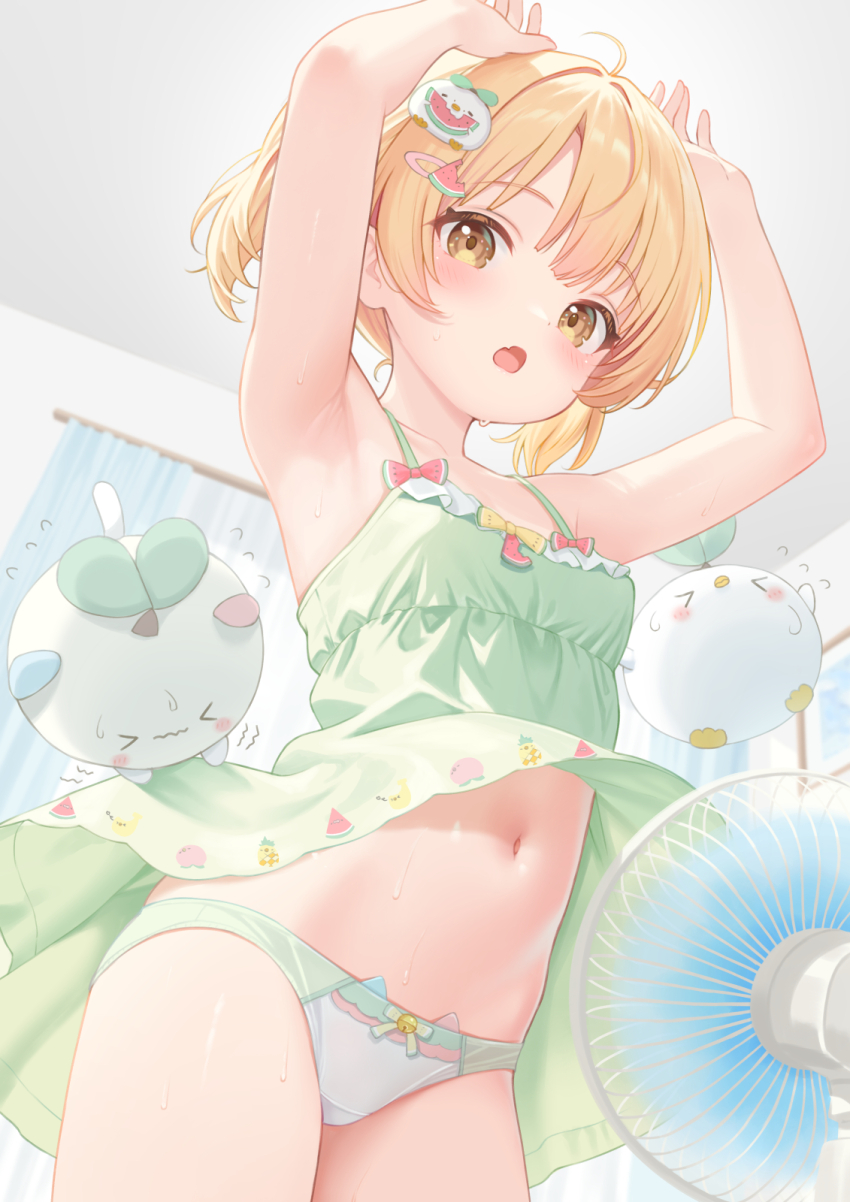 1girl armpits arms_up blonde_hair breasts commentary_request curtains dress electric_fan fang fanning_self green_dress green_panties highres indoors looking_at_viewer navel open_mouth original paid_reward_available panties rebun short_hair skin_fang small_breasts solo twintails underwear yellow_eyes
