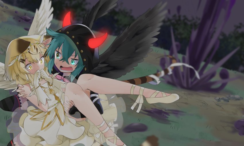 2girls alternate_costume angel angel_wings animal_ear_fluff animal_ears animal_print bare_shoulders belt black_wings blonde_hair blue_eyes blue_hair blue_headwear blue_skirt blush bow bowtie bracelet carrying cat_ears cat_print collar commentary_request covering_face demon_costume demon_horns demon_wings detached_sleeves embarrassed extra_ears fang feathered_wings frilled_collar frilled_skirt frills gloves glowing glowing_eyes headdress highres hood horns isobee jewelry kemono_friends kemono_friends_festival light_brown_hair multicolored_hair multiple_girls neck_ribbon official_alternate_costume open_mouth princess_carry print_neckwear ribbon ribbon_shoes sand_cat_(kemono_friends) short_hair skirt sleeveless snake_print studded trembling tsuchinoko_(kemono_friends) white_gloves white_wings wings wrist_cuffs yellow_eyes