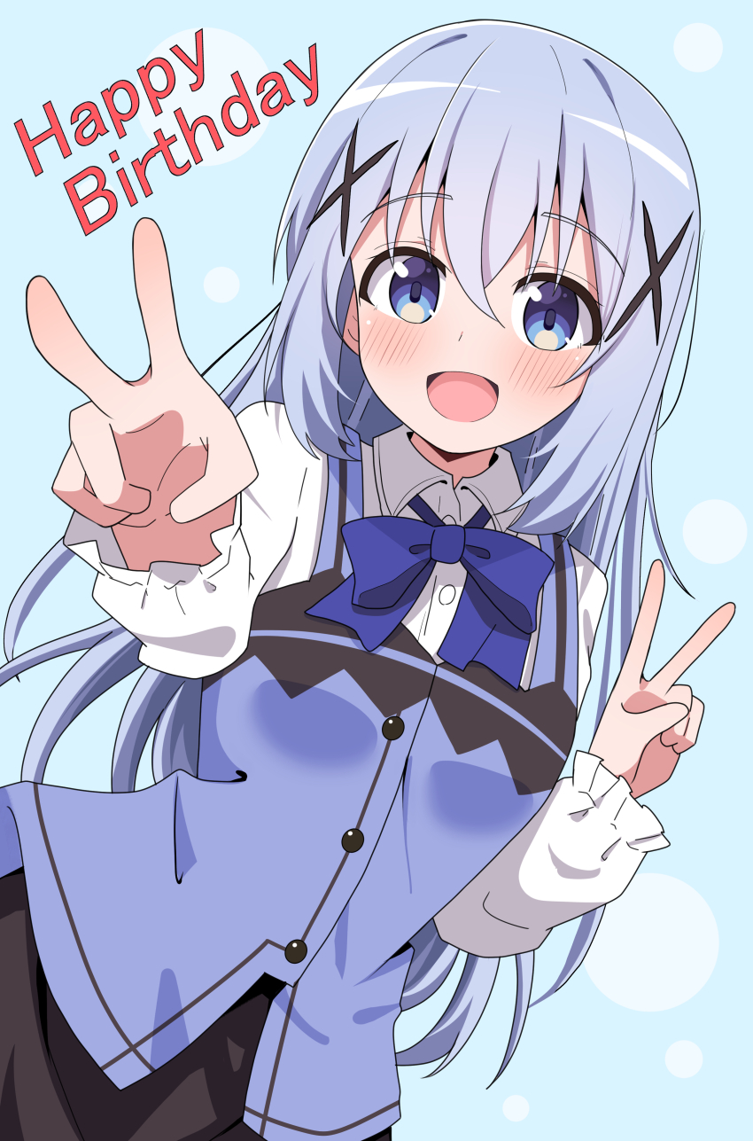 1girl :d absurdres blue_bow blue_bowtie blue_eyes blue_hair blue_vest blush bow bowtie buttons collared_shirt commentary_request double_v gochuumon_wa_usagi_desu_ka? hair_between_eyes hair_ornament hairclip hand_up happy_birthday highres hosinonana kafuu_chino long_hair long_sleeves looking_at_viewer open_mouth outstretched_arm shirt sidelocks smile solo upper_body v vest white_shirt