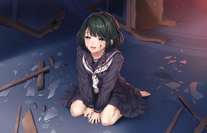 1girl barefoot blood blood_on_clothes blood_on_face blood_splatter blue_eyes blush full_body game_cg glass_shards green_hair highres indoors kaguyuzu kuryo_nozomi looking_at_viewer nie_no_hakoniwa non-web_source open_mouth school_uniform serafuku short_hair sitting solo