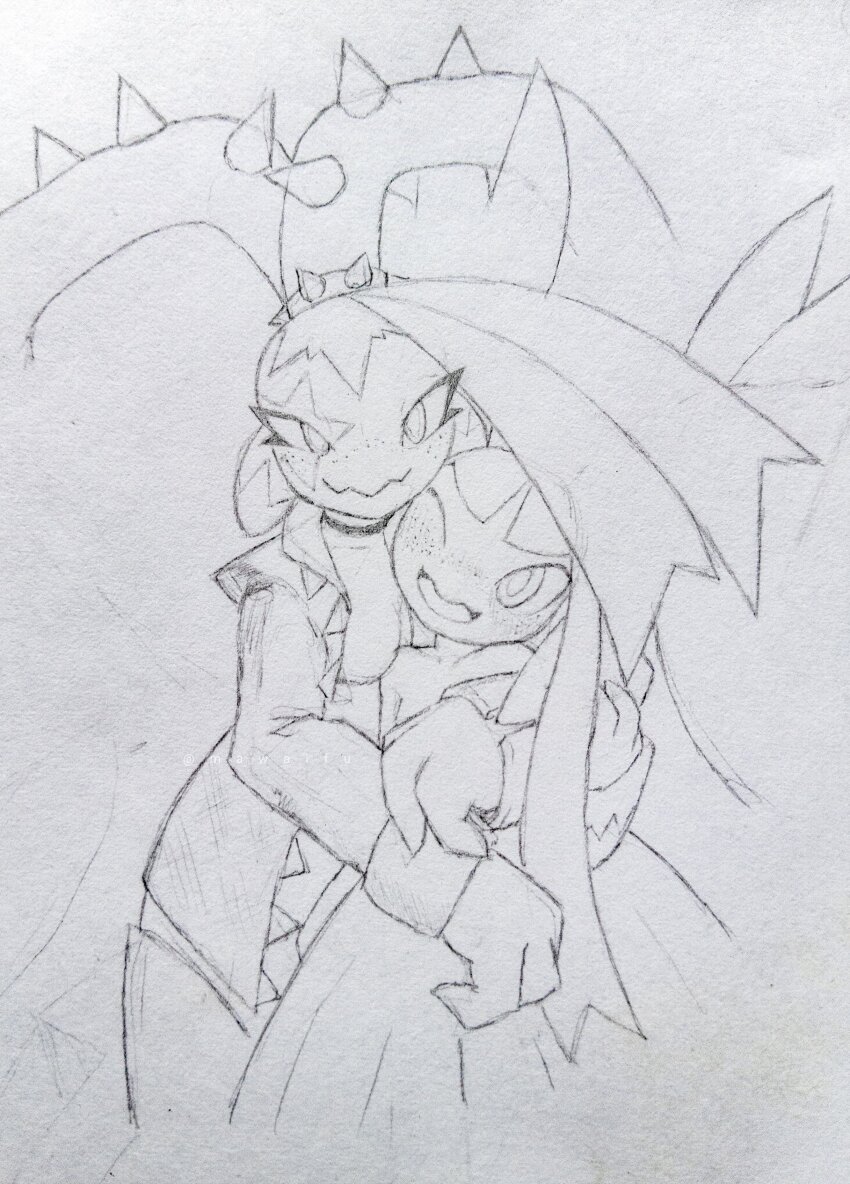 2girls arm_at_side blush bottomless breasts choker closed_mouth coat collarbone cowboy_shot cropped_legs facial_mark female_focus freckles fusion garchomp gen_3_pokemon gen_4_pokemon greyscale hand_on_another&#039;s_arm hand_up happy head_tilt height_difference hug hug_from_behind leaning_forward long_hair long_sleeves looking_at_another looking_at_viewer mawaifu mawile mega_garchomp mega_mawile mega_pokemon monochrome multiple_girls nintendo no_nipples no_shirt nose_blush one_eye_closed open_clothes open_coat open_mouth pokemon pokemon_(creature) sidelocks simple_background sketch small_breasts smile spiked_hair_ornament spikes standing star_(symbol) traditional_media very_long_hair wavy_mouth white_background