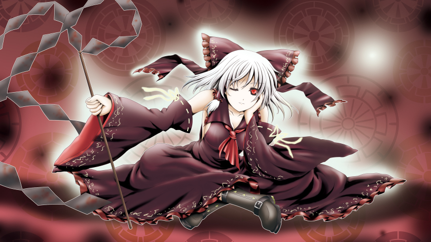 1girl alternate_color ascot black_sclera blood blood_stain bow brown_skirt brown_sleeves colored_sclera crossed_legs dark_persona detached_sleeves dress frilled_dress frilled_sleeves frills gld-sakky gohei hair_bow hair_tubes hakurei_reimu highres m.u.g.e.n maga-reimu one_eye_closed outline patterned_background patterned_clothing red_ascot red_eyes short_hair skirt solo touhou white_hair white_outline