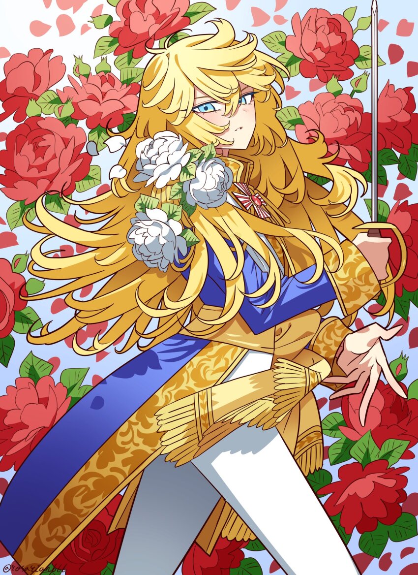 1girl aiguillette blonde_hair blue_eyes blue_jacket commentary epee floral_background flower highres holding holding_sword holding_weapon jacket long_hair looking_at_viewer meremero oscar_francois_de_jarjayes pants red_flower solo sword twitter_username versailles_no_bara weapon white_flower white_pants