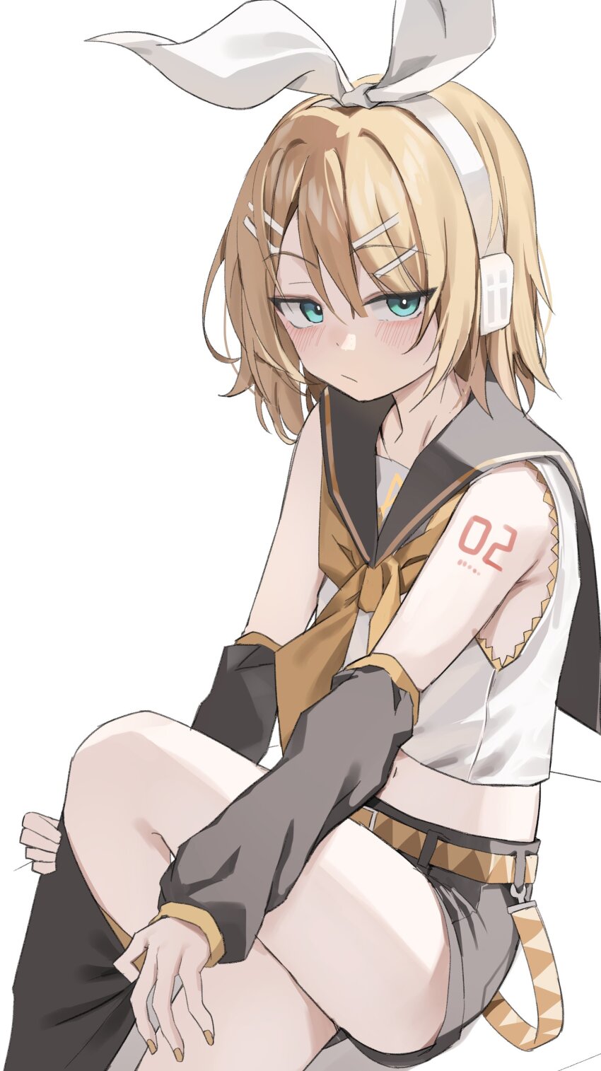1girl absurdres aqua_eyes arm_warmers bare_shoulders black_shorts blonde_hair blush bow closed_mouth commentary crop_top from_side hair_bow hair_ornament hairclip headphones headset highres kagamine_rin looking_at_viewer navel neckerchief sailor_collar scarlet_(wv0102) shirt short_hair shorts simple_background sitting sleeveless sleeveless_shirt solo symbol-only_commentary vocaloid white_background white_bow yellow_neckerchief