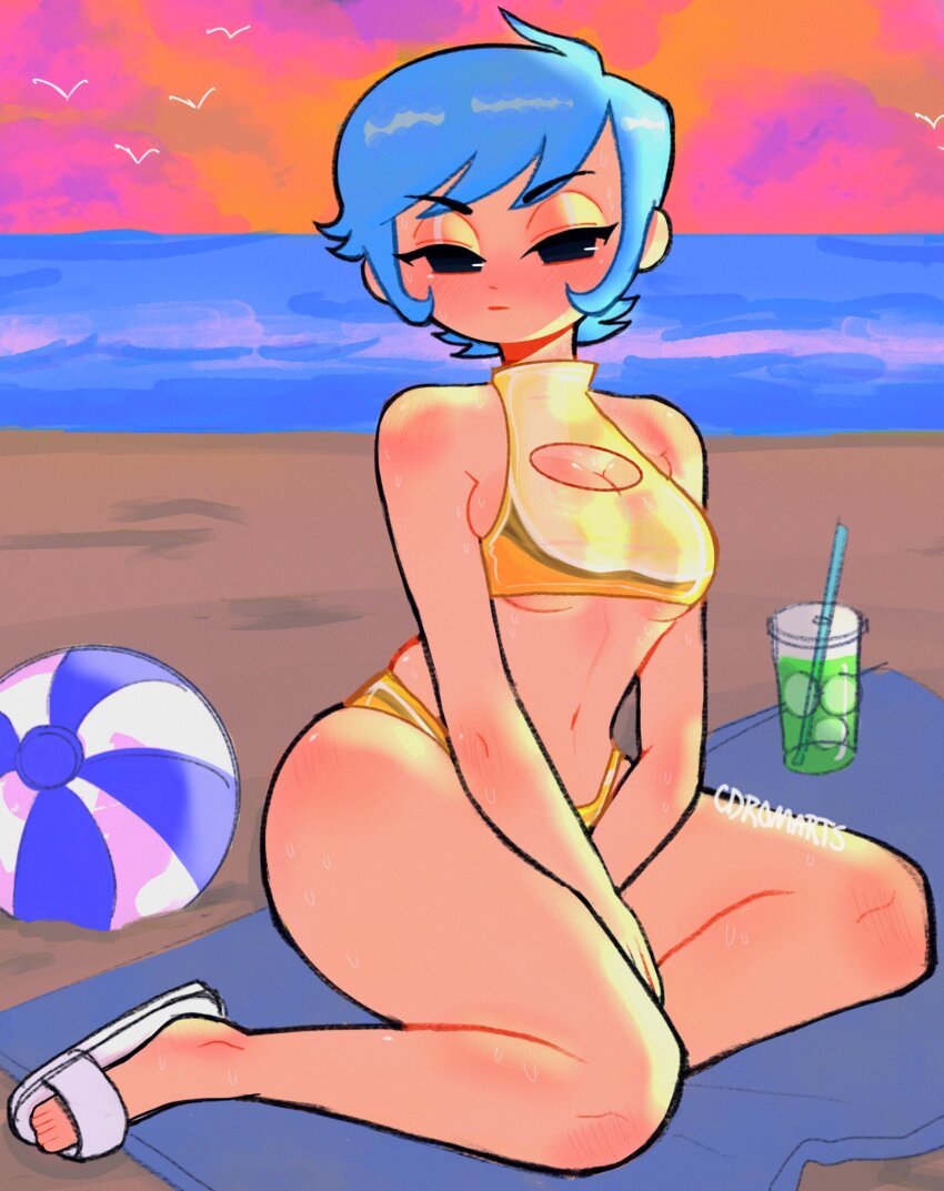 1girl artist_name ball beach beach_towel beachball between_legs bikini blue_hair cdromarts cleavage_cutout clothing_cutout collared_bikini commentary cup disposable_cup drinking_straw dusk english_commentary full_body gold_bikini hand_between_legs highres looking_at_viewer navel ocean original outdoors sandals short_hair sitting sky solo squinting swimsuit towel white_sandals yokozuwari
