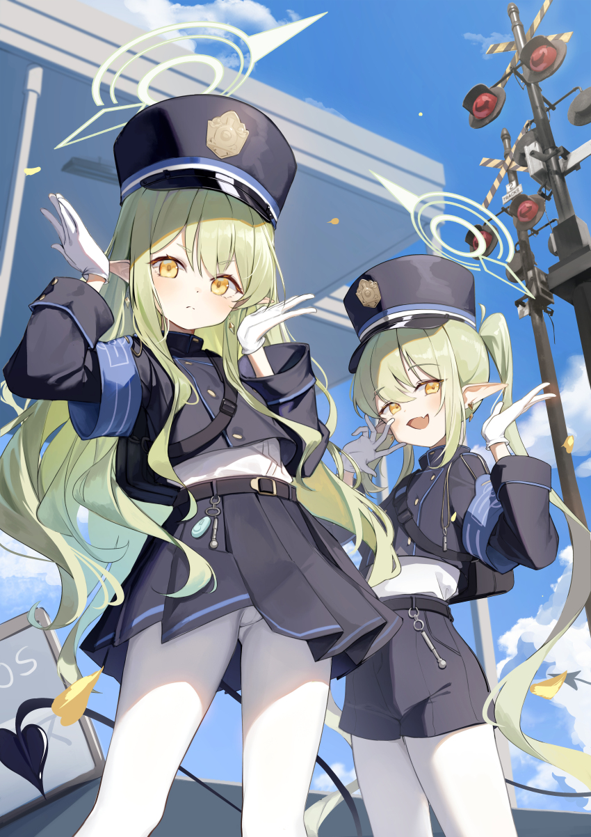 2girls :d absurdres armband belt black_bag black_tail blue_archive blue_armband blue_hat blue_jacket blue_shorts blue_skirt blue_sky blush closed_mouth commentary_request cowboy_shot crime_prevention_buzzer dampi day demon_girl demon_tail fang gloves green_hair green_halo halo hands_up hat highres hikari_(blue_archive) jacket long_hair long_sleeves looking_at_viewer multiple_girls nozomi_(blue_archive) open_mouth outdoors pantyhose peaked_cap pointy_ears railroad_signal shirt shorts siblings sisters skin_fang skirt sky smile standing tail twins twintails white_gloves white_pantyhose white_shirt yellow_eyes