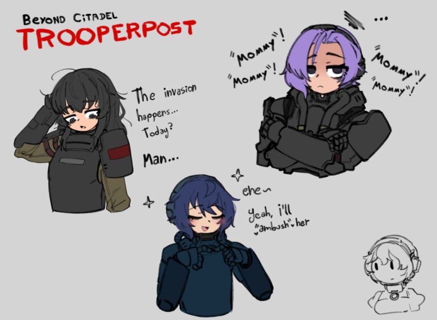 4girls armor beige_uniform beyond_citadel black_armor black_eyes black_hair black_hairband black_shoulderpads blue_armor blue_hair blush body_armor chibi chibi_inset commando_(the_citadel) cropped_torso crossed_arms english_text gauntlets grunt_(the_citadel) hairband heart martyr_(the_citadel) multiple_girls purple_hair scratching_head short_hair shoulder_pads spoken_heart star_(symbol) the_citadel the_great_avv trooper_(the_citadel) white_background yuri