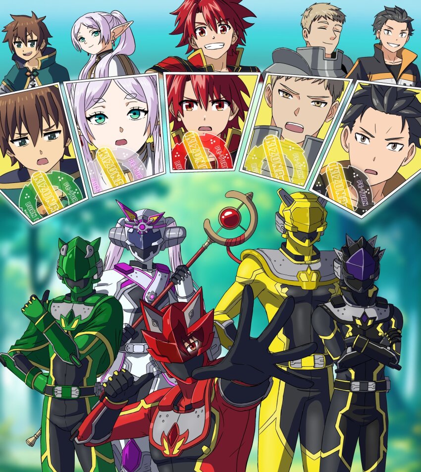 1girl 4boys asagaki_toogo capelet crossover dungeon_meshi elf frieren green_capelet group_picture helmet henshin_pose highres jacket kono_subarashii_sekai_ni_shukufuku_wo! laios_touden mage_staff multiple_boys multiple_crossover natsuki_subaru pointy_ears red_helmet red_jacket satou_kazuma sentai_red_ga_isekai_de_boukensha_ni_naru sousou_no_frieren tokusatsu track_jacket track_suit turles17 twintails