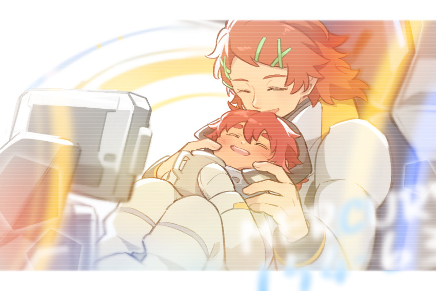 2girls blush closed_eyes cup elnora_samaya gloves gundam gundam_suisei_no_majo hair_ornament hairclip happy holding holding_cup long_sleeves mecha_pilot_suit mother_and_daughter multiple_girls normal_suit_(gundam) open_mouth red_hair short_hair sitting smile spacesuit suletta_mercury thick_eyebrows x_hair_ornament xinhao