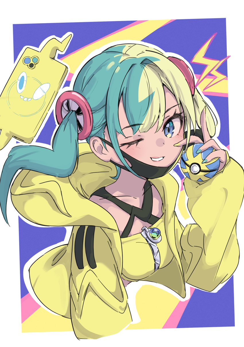 1girl absurdres bandeau blue_eyes border canari_(pokemon) collarbone commentary_request eyelashes gen_4_pokemon grin hand_up happy highres holding holding_poke_ball hood hood_down hooded_jacket jacket long_sleeves mask mask_pull mouth_mask multicolored_hair nazmocha nintendo one_eye_closed open_clothes open_jacket poke_ball pokemon pokemon_legends:_z-a quick_ball rotom rotom_phone smile teeth twintails white_border yellow_bandeau yellow_jacket zipper zipper_pull_tab