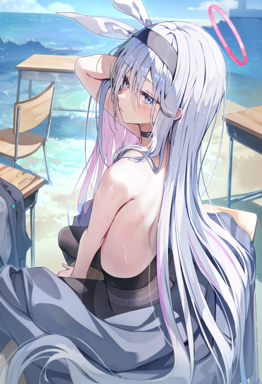 1girl arm_up bare_arms black_choker black_hairband black_pantyhose blue_archive blue_sky blush bow chair choker commentary_request day desk grey_eyes hair_between_eyes hair_bow hairband halo highres huwari_(dnwls3010) long_hair looking_at_viewer looking_back multicolored_hair ocean on_desk panties panties_under_pantyhose pantyhose pink_halo plana_(blue_archive) school_chair school_desk sitting sky solo sweat topless_female two-tone_hair underwear very_long_hair white_bow white_hair white_panties
