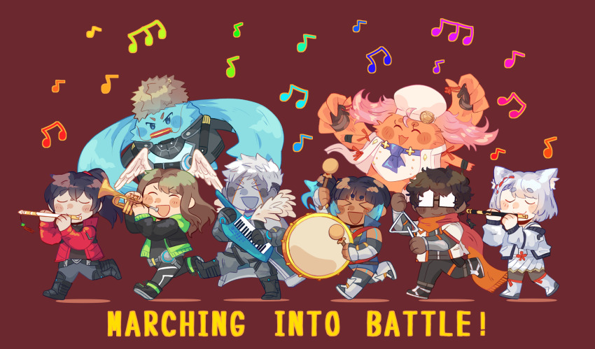 &gt;_&lt; 4boys 4girls :3 :d ^_^ animal_ears black_hair brown_hair cat_ears cat_girl chibi chibi_only closed_eyes colored_skin dark-skinned_female dark-skinned_male dark_skin drum english_text eunie_(xenoblade) flute grey_hair harmonica head_wings highres hoshizora_lone instrument keytar lanz_(xenoblade) long_hair manana_(xenoblade) medium_hair mio_(xenoblade) multiple_boys multiple_girls music musical_note noah_(xenoblade) open_mouth playing_instrument ponytail red_background riku_(xenoblade) sena_(xenoblade) short_hair side_ponytail simple_background smile taion_(xenoblade) triangle_(instrument) trumpet v-shaped_eyebrows walking wings xenoblade_chronicles_(series) xenoblade_chronicles_3