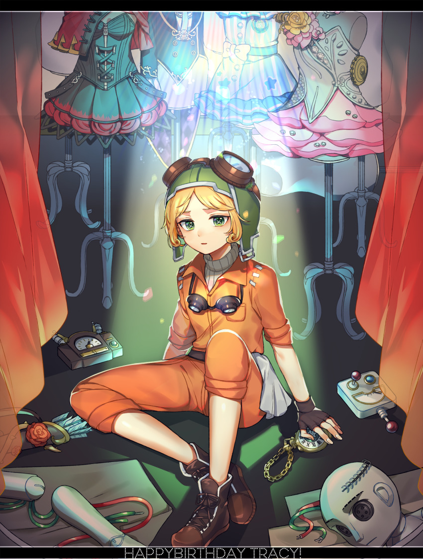 1girl arrow_(projectile) black_dress black_gloves blonde_hair blue_dress boots bow brown_boots cable capelet character_name cloth confetti controller cross-shaped_pupils curtains dress fingerless_gloves floral_dress flower full_body gloves goggles goggles_around_neck goggles_on_head green_eyes green_headwear happy_birthday helmet highres identity_v jumpsuit looking_at_viewer mannequin mechanical_arms orange_jumpsuit pants pants_rolled_up parted_bangs parted_lips pink_dress pocket_watch quiver red_capelet red_flower red_rose remote_control robot rose sansai_toritori short_hair sitting sleeves_rolled_up solo spotlight strapless strapless_dress sweater symbol-shaped_pupils tracy_reznik tracy_reznik_(everlasting_flower) tracy_reznik_(puppeteer) tracy_reznik_(re-swim) tracy_reznik_(red_riding_hood) turtleneck turtleneck_sweater unworn_dress waist_bow watch white_sweater