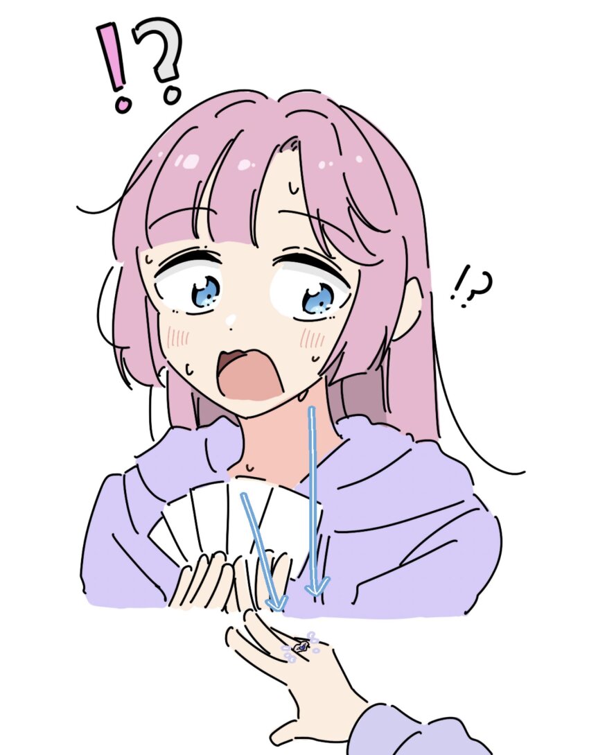 !? 2girls anyoji_hime anyoji_hime_(winter_loungewear) arrow_(symbol) blue_eyes blunt_bangs blush card card_game commentary_request heart_ring highres holding holding_card hood hood_down hoodie implied_yuri jewelry link!_like!_love_live! llkapital long_hair long_sleeves looking_at_hand love_live! multiple_girls notice_lines open_mouth osawa_rurino out_of_frame playing_card playing_games purple_hoodie ring sidelocks simple_background solo_focus sweat virtual_youtuber wavy_mouth wedding_ring white_background wide-eyed