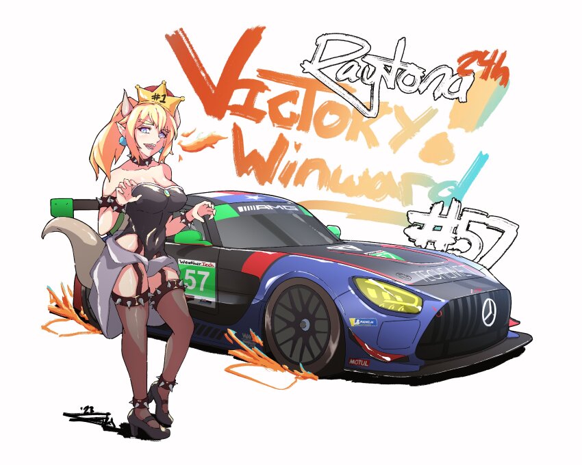 1girl absurdres bare_shoulders black_footwear black_leotard black_thighhighs blue_eyes bowsette breasts car claw_pose cleavage clothes_around_waist collarbone commentary covered_navel english_commentary fire funkygarage grey_sweater hair_behind_ear high_heels highres horns imsa_sportscar_championship large_breasts leotard mario_(series) mercedes-benz michelin michelin_man motor_vehicle new_super_mario_bros._u_deluxe nintendo open_mouth pointy_ears ponytail race_vehicle racecar shadow smile solo spiked_anklet spoiler_(automobile) super_crown sweater sweater_around_waist thighhighs vehicle_focus white_background winward_racing