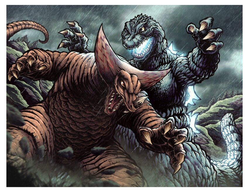 battle brown_scales claws crossover giant giant_monster godzilla godzilla_(series) gomora highres horns kaiju long_tail mouth_beam no_humans open_mouth scales sharp_teeth single_horn spines tail teeth thomdotartz toho tokusatsu tsuburaya_productions ultra_series ultraman_(1st_series)
