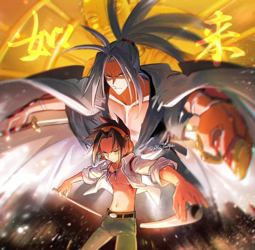 2boys aki_(neyuki41028) amidamaru asakura_yoh black_kimono blood blood_on_clothes brown_hair cape collarbone collared_shirt cowboy_shot dress_shirt dual_wielding floating_hair green_pants grey_hair groin hair_intakes hairband headphones highres holding holding_sword holding_weapon japanese_clothes katana kimono long_hair multiple_boys navel open_clothes open_shirt orange_hairband pants ponytail shaman_king shirt spiked_hair stomach sword twitter_username weapon white_cape white_shirt wing_collar